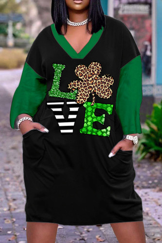 Black Green Casual Print Patchwork Basic V Neck Long Sleeve Dresses