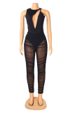 Black Sexy Solid Mesh O Neck Sleeveless Two Pieces