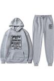 Grey Casual Letter Print Basic Hooded Collar Long Sleeve Two Pieces