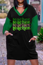 Черные зеленые повседневные платья в стиле пэчворк с V-образным вырезом и длинным рукавом
