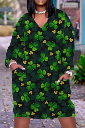 Dark Green Casual Print Patchwork Basic V Neck Long Sleeve Dresses