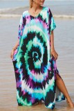 Cyan Casual Print Patchwork Slit V Neck Beach Dress Dresses