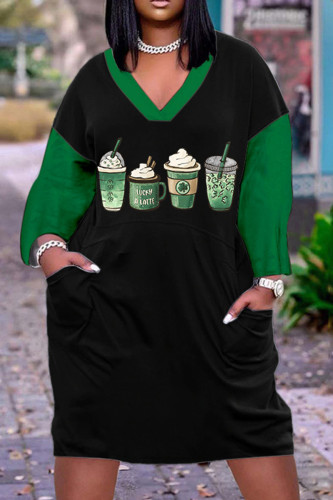 Black Casual Print Patchwork Basic V Neck Long Sleeve Dresses
