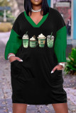 Черные зеленые повседневные платья в стиле пэчворк с V-образным вырезом и длинным рукавом