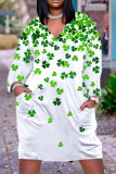 Robes vert clair décontracté imprimé patchwork basique col en V manches longues