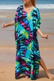 Vestido de playa con cuello en V y abertura de patchwork con estampado casual azul claro Vestidos