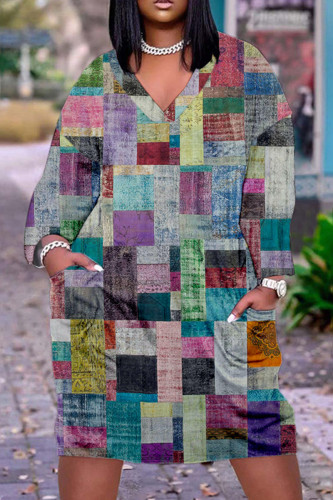 Grey Casual Print Patchwork Basic V Neck Long Sleeve Dresses