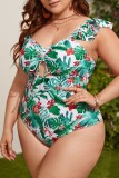 White Green Sexy Print Hollowed Out Backless Spaghetti Strap Plus Size Swimwear (With Paddings)