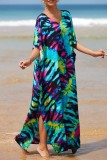 Vestido de playa con cuello en V y abertura de patchwork con estampado informal morado Vestidos