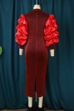 Rojo Casual Sólido Patchwork Cuello en V Un paso Falda Vestidos