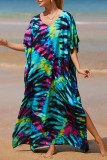 ライトブルーカジュアルプリントパッチワークスリットVネックビーチドレスドレス