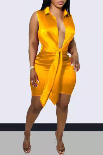 Yellow Fashion Sexy Casual Solid Frenulum V Neck Vest Dress Dresses