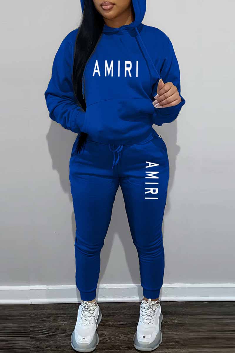 

Royal Blue Casual Print Letter Hooded Collar Long Sleeve Two Pieces