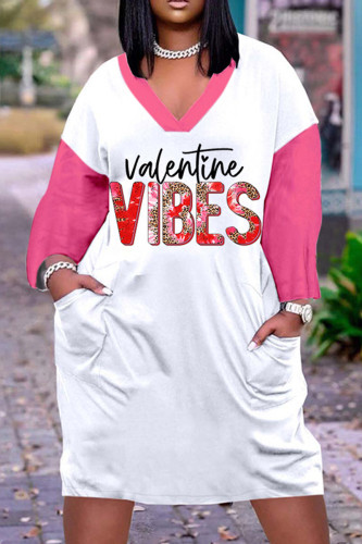 Rose Red Casual Print Patchwork Basic V Neck Long Sleeve Dresses