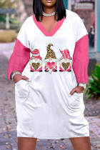 Бело-розовые повседневные базовые платья с длинным рукавом и принтом в стиле пэчворк с v-образным вырезом