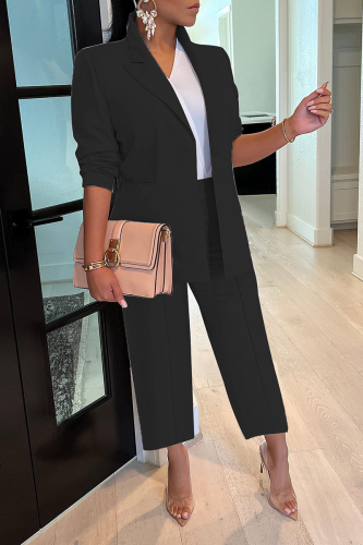 Black Casual Solid Patchwork Turndown Collar Long Sleeve Two Pieces