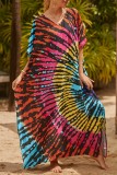 Cyan Casual Print Patchwork Slit V Neck Beach Dress Dresses