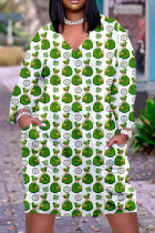 blanco verde casual estampado patchwork básico cuello en V manga larga vestidos