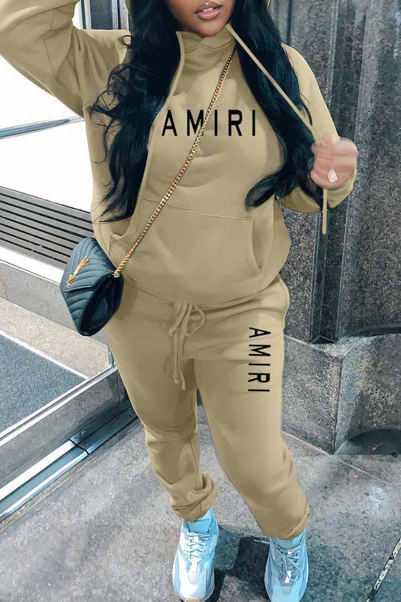 

Khaki Casual Print Letter Hooded Collar Long Sleeve Two Pieces
