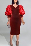 赤 カジュアル ソリッド パッチワーク Vネック ワンステップ スカート ドレス