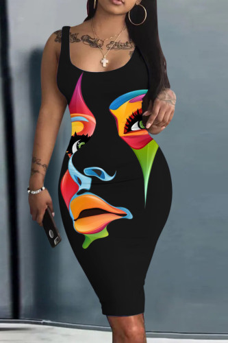 Black Sexy Print Basic U Neck Vest Dress Dresses
