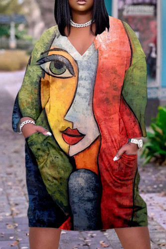 Green Casual Print Patchwork Basic V Neck Long Sleeve Dresses