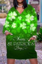 Gröna Casual Print Patchwork Basic V-hals långärmade klänningar