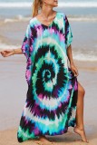 Lila Casual Print Patchwork Slit V Neck Beach Dress Klänningar