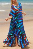 Light Blue Casual Print Patchwork Slit V Neck Beach Dress Dresses