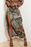 Camouflag Gris Casual Camouflage Print Patchwork Straight Mid Waist Type A Full Print Bottoms