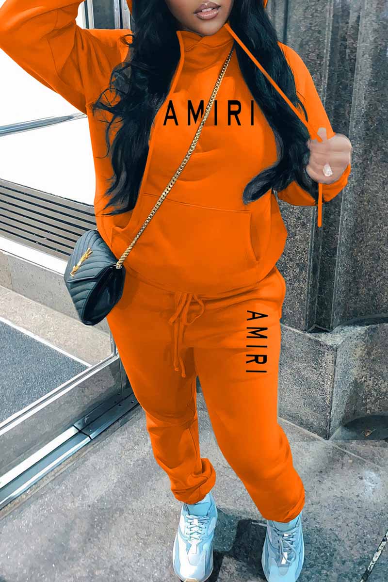 

Tangerine Red Casual Print Letter Hooded Collar Long Sleeve Two Pieces