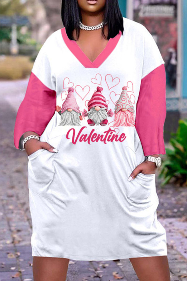 Розовые повседневные базовые платья с длинным рукавом и принтом в стиле пэчворк с v-образным вырезом