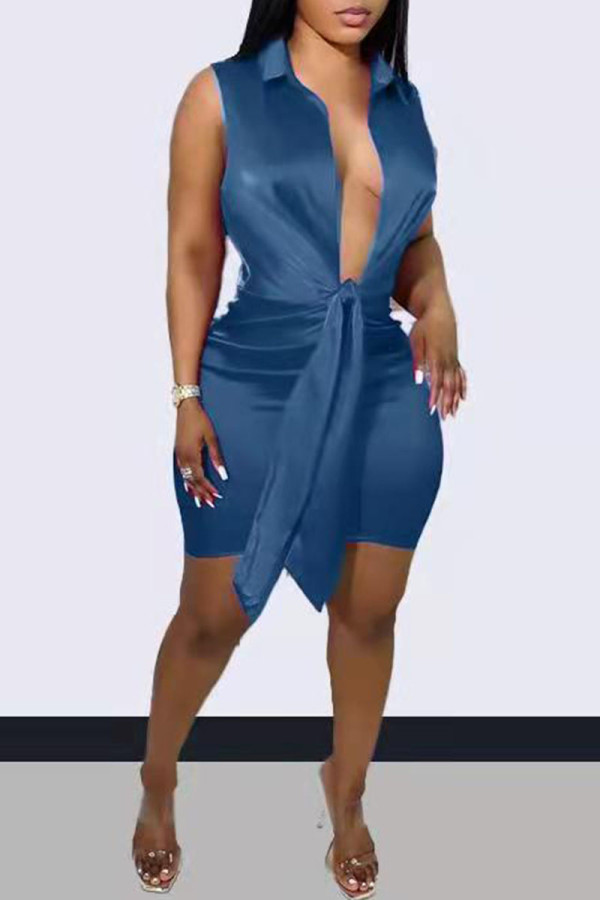 Tintengrün Mode Sexy Casual Solid Frenulum V-Ausschnitt Weste Kleid Kleider