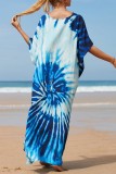 Cyan Casual Print Patchwork Schlitz V-Ausschnitt Strandkleid Kleider