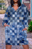 Синие повседневные платья в стиле пэчворк с V-образным вырезом и длинным рукавом с принтом