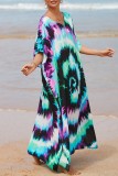 Purple Casual Print Patchwork Slit V Neck Beach Dress Dresses