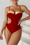 Красный Сексуальный однотонный купальник с открытой спиной и уздечкой в ​​стиле пэчворк (с прокладками)