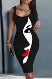 Black Sexy Casual Print Basic U Neck Vest Dress Dresses