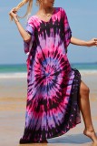 Fuchsia Casual Print Patchwork Slit V Neck Beach Dress Dresses