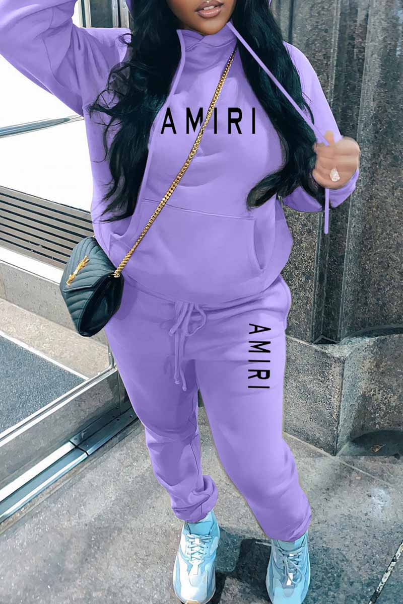 

Purple Casual Print Letter Hooded Collar Long Sleeve Two Pieces