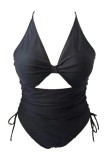 Zwarte Sexy Print Effen Uitgeholde Backless Kruisbandjes V-hals Grote maten badkleding
