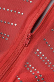 Rojo sexy patchwork perforación en caliente ahuecado transparente medio cuello alto vestidos de manga larga