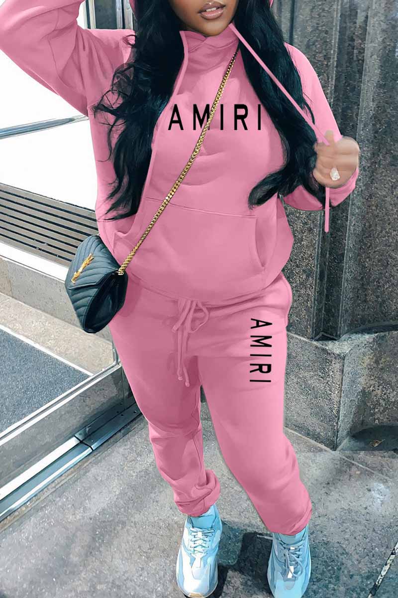 

Pink Casual Print Letter Hooded Collar Long Sleeve Two Pieces