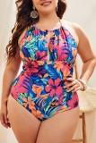 Black Sexy Print Solid Hollowed Out Backless Cross Straps V Neck Plus Size Swimwear