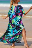 Vestidos de praia com estampa casual ciano e fenda com decote em V