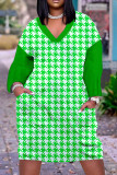 グリーン カジュアル プリント パッチワーク V ネック ロング スリーブ ドレス