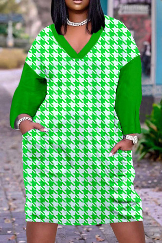 Abiti a maniche lunghe con scollo a V patchwork stampa casual verde