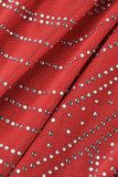 Rojo sexy patchwork perforación en caliente ahuecado transparente medio cuello alto vestidos de manga larga