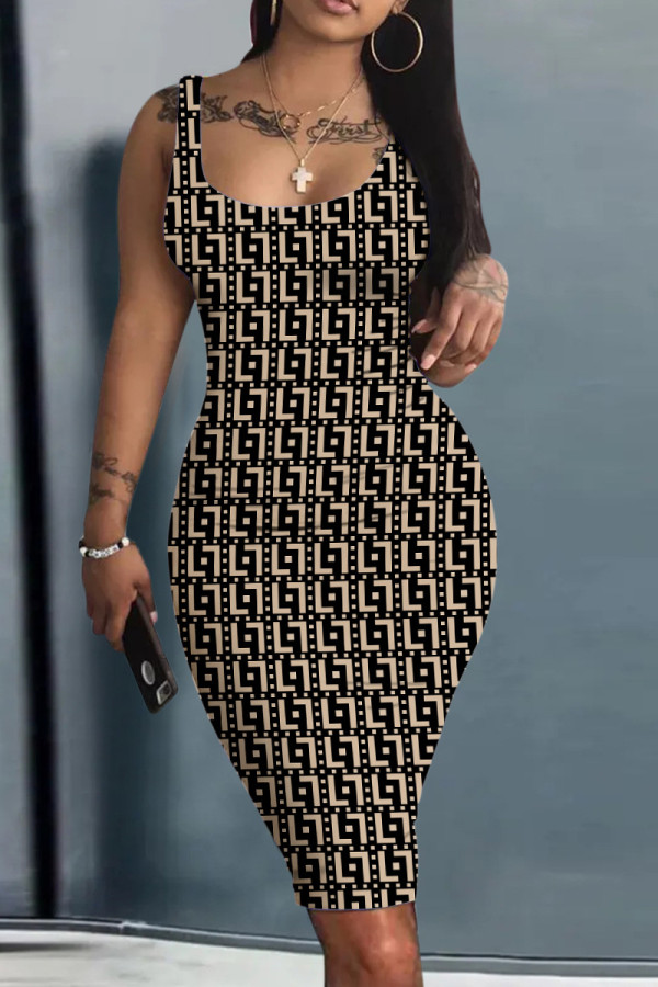Черное абрикосовое сексуальное базовое платье с U-образным вырезом и принтом Платья Платья