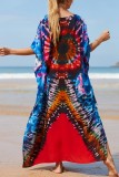 Голубое повседневное пляжное платье с принтом в стиле пэчворк и разрезом с V-образным вырезом Платья